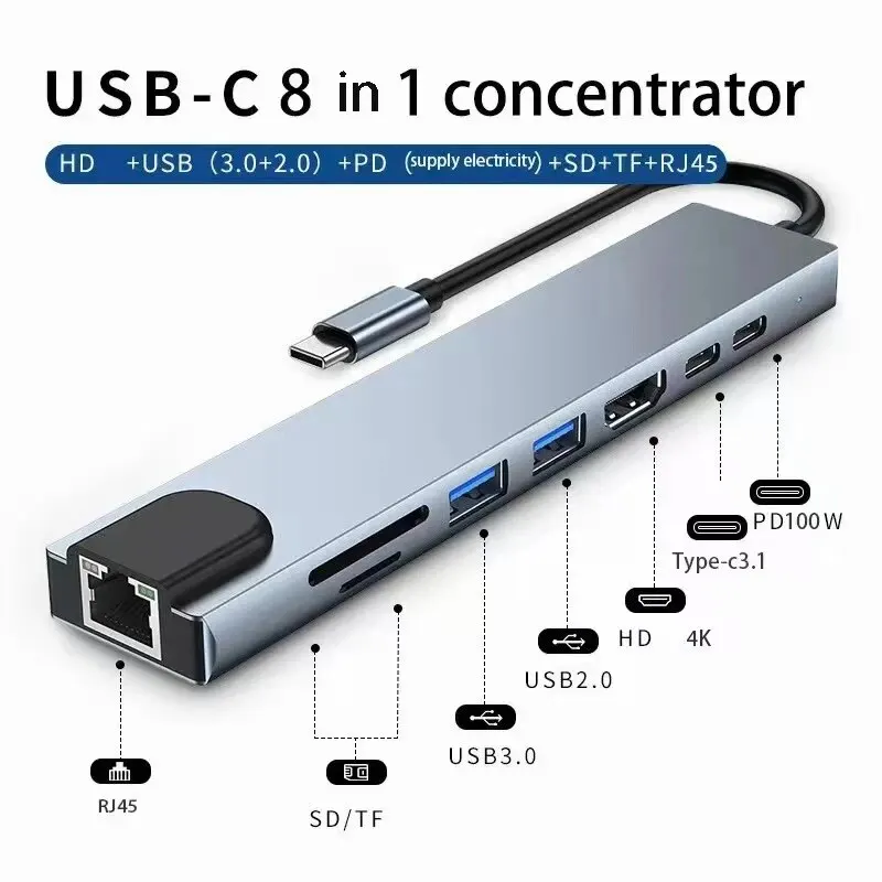 Usb 8 in 1 Type C 3 1 to 4k HdTV Hub Adapter With Sd Tf Rj45 Card Reader Pd